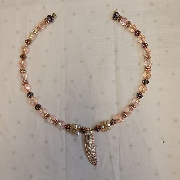Handmade Beaded Necklace/Choker with Rose Gold Feather Pendant - Picture 5 of 8